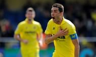 Villarreal's midfielder Bruno Soriano celebrates his goal during the Spanish league football match Villarreal CF vs Real Betis Balompie at El Madrigal stadium